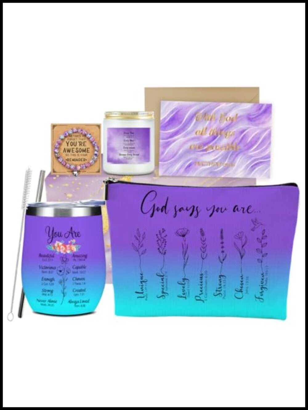 Christian Gift Set for Women 12oz Insulated Wine Tumbler Bracelet Cosmetic Bag